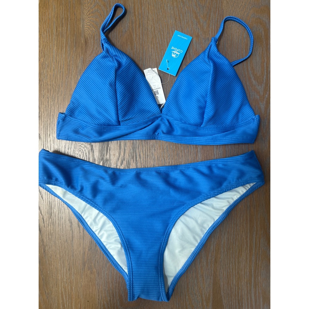 Cupshe Ribbed Triangle Bikini Set Blue L